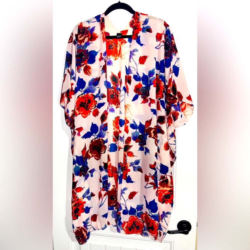 Beautiful pink flowered kimono with orange, red, blue, purple flowers